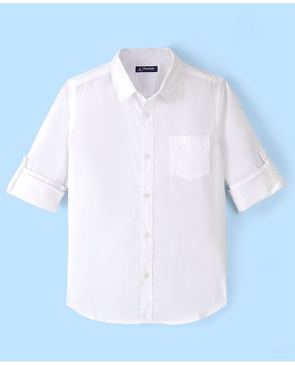 Pine Kids Cotton Roll up Full Sleeves Solid Color Shirt - White