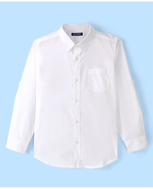 Pine Kids Cotton Roll up Full Sleeves Solid Color Shirt - White