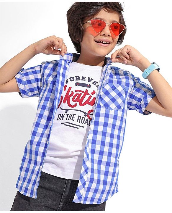 Pine Kids Cotton Half Sleeves Check Shirts With T-Shirt Text Print- Blue & White