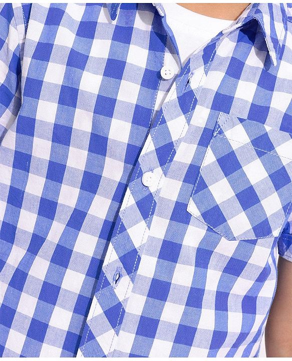 Pine Kids Cotton Half Sleeves Check Shirts With T-Shirt Text Print- Blue & White