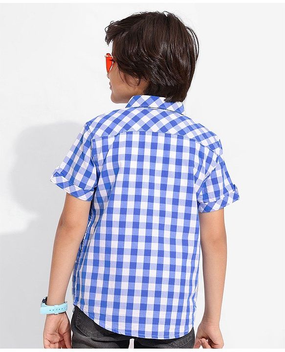 Pine Kids Cotton Half Sleeves Check Shirts With T-Shirt Text Print- Blue & White