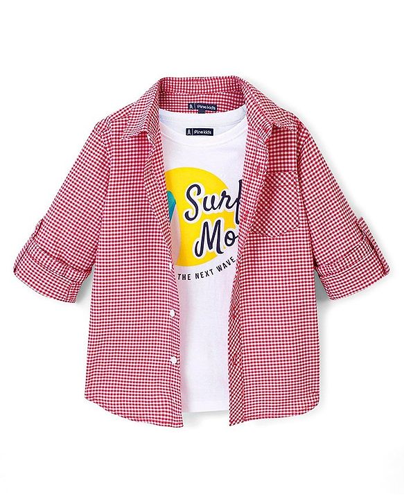 Pine Kids Cotton Woven Full Sleeves Checks Shirt with Inner Printed T-Shirt - Red