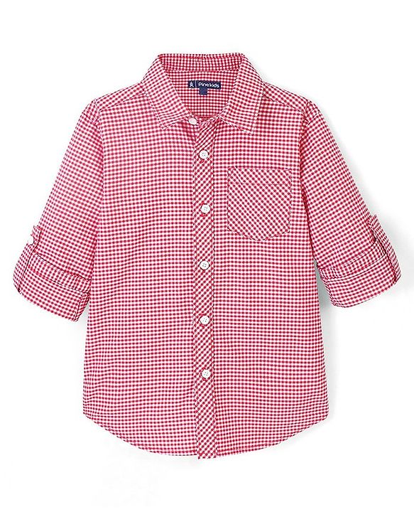 Pine Kids Cotton Woven Full Sleeves Checks Shirt with Inner Printed T-Shirt - Red