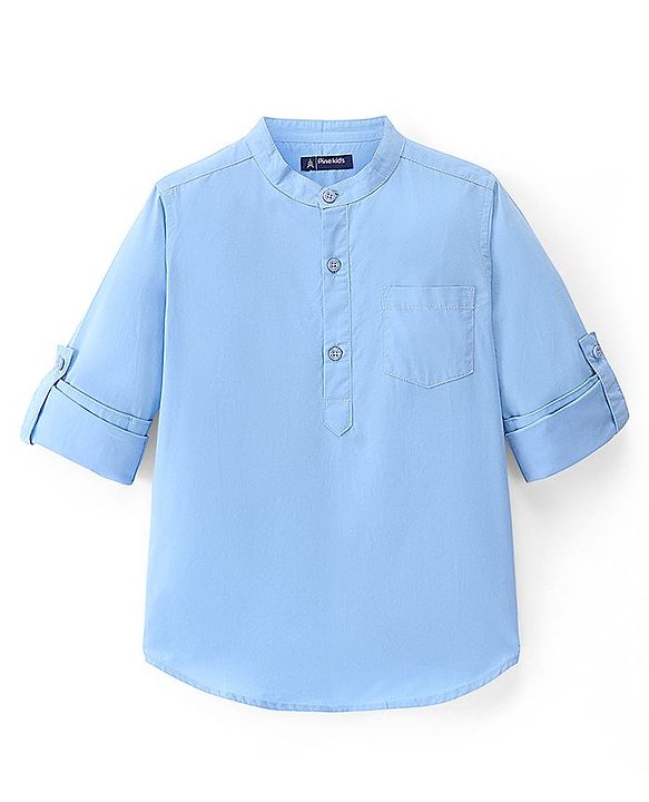 Pine Kids Cotton Roll Up Full Sleeves Mandarin Collar Half Placket Shirt- Sky Blue