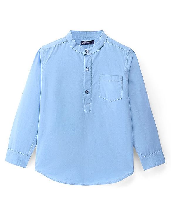 Pine Kids Cotton Roll Up Full Sleeves Mandarin Collar Half Placket Shirt- Sky Blue