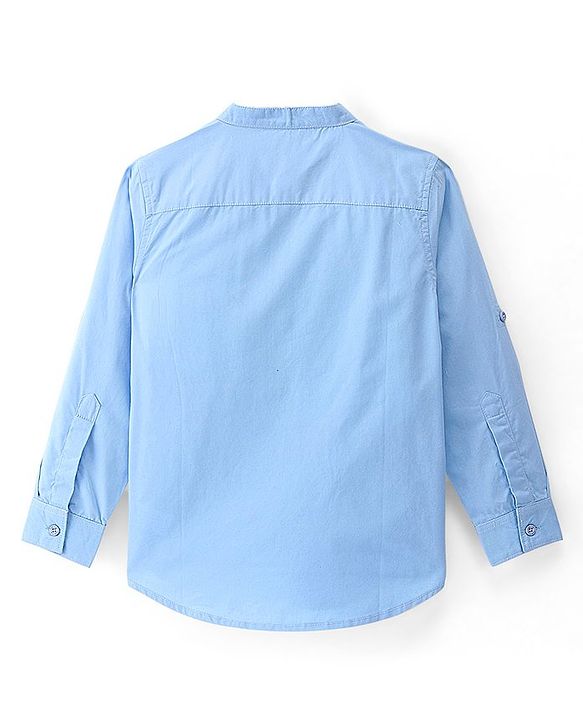 Pine Kids Cotton Roll Up Full Sleeves Mandarin Collar Half Placket Shirt- Sky Blue