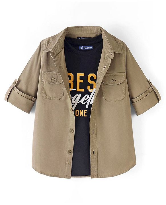 Pine Kids Cotton Woven Full Sleeves Solid Color Shirt with Printed Inner Tee - Beige