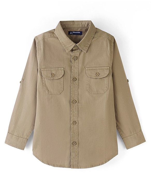 Pine Kids Cotton Woven Full Sleeves Solid Color Shirt with Printed Inner Tee - Beige