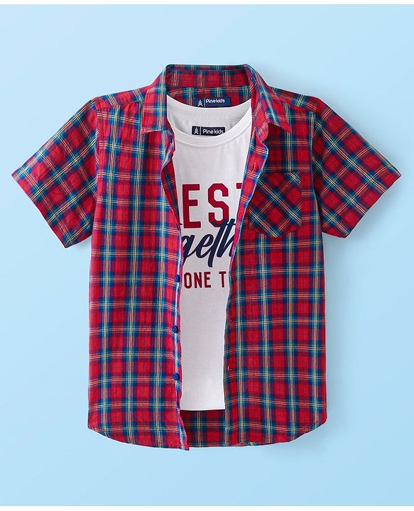 Pine Kids Cotton Woven Half Sleeves Check Shirt with Inner T-Shirt - Red