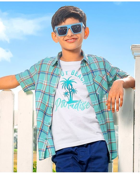 Pine Kids Cotton Woven Half Sleeves Check Shirt with Inner Tee - Green
