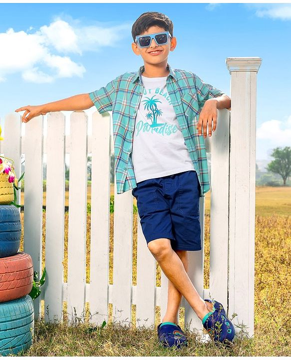 Pine Kids Cotton Woven Half Sleeves Check Shirt with Inner Tee - Green