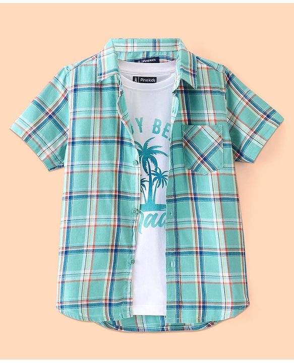 Pine Kids Cotton Woven Half Sleeves Check Shirt with Inner Tee - Green