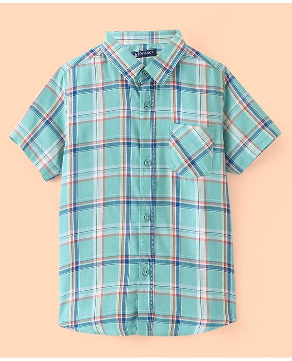 Pine Kids Cotton Woven Half Sleeves Check Shirt with Inner Tee - Green