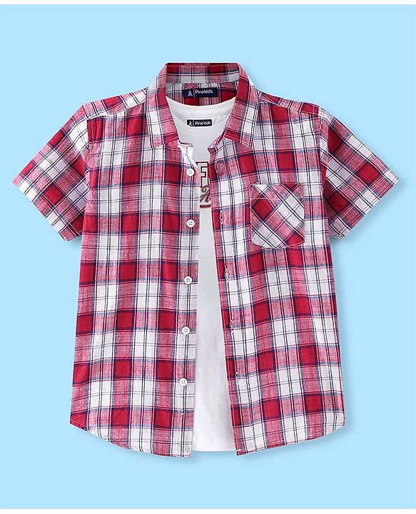 Pine Kids Cotton Woven Half Sleeves Check Shirt with Inner T-Shirt - Red & White