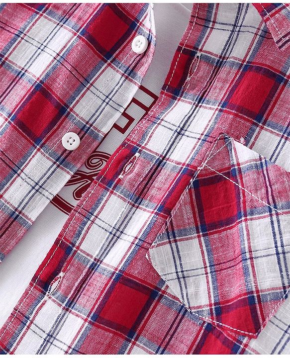 Pine Kids Cotton Woven Half Sleeves Check Shirt with Inner T-Shirt - Red & White