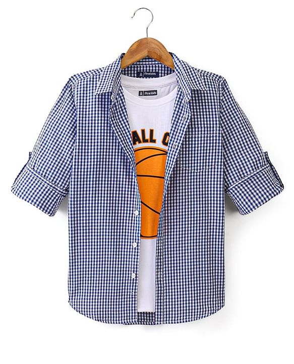 Pine Kids Cotton Woven Full Sleeves Check Shirt with Inner T-Shirt - Blue