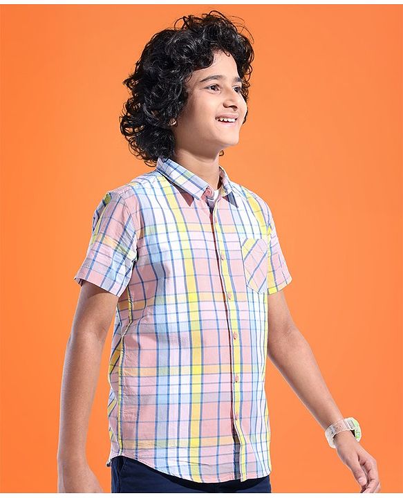 Pine Kids Cotton Woven Half Sleeves Checks Shirt with Inner T-Shirt -Multicolour