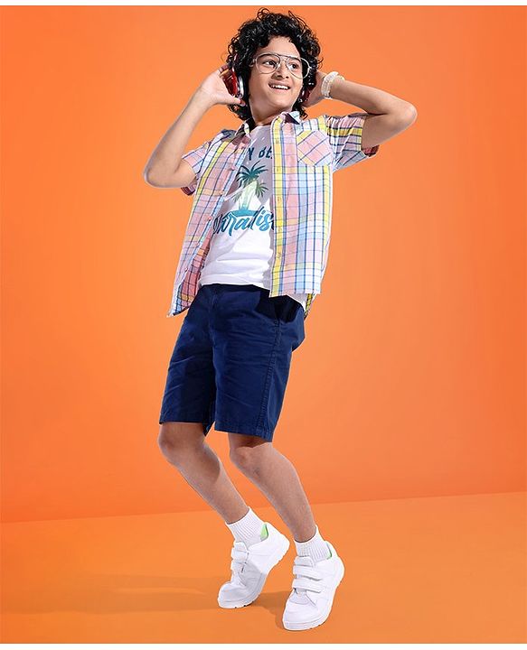 Pine Kids Cotton Woven Half Sleeves Checks Shirt with Inner T-Shirt -Multicolour