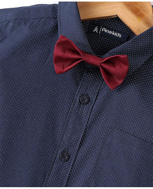 Pine Kids Cotton Woven Full Sleeves Polka Dots Printed Party Shirt with Bow Tie - Blue