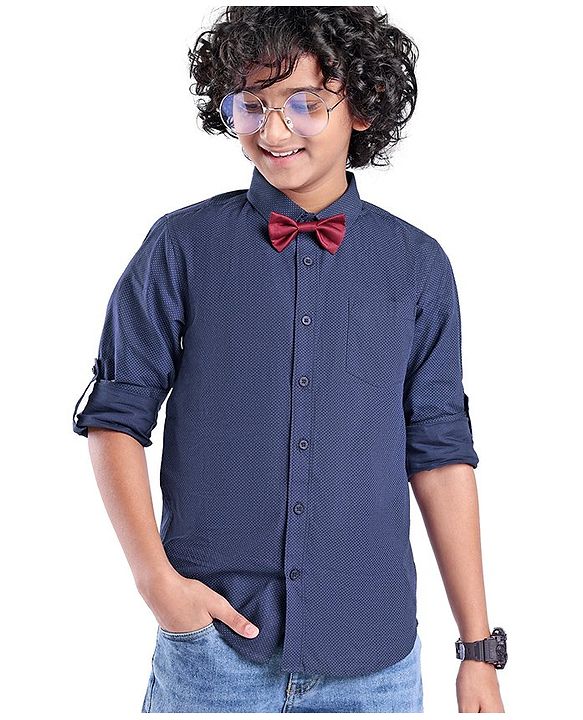 Pine Kids Cotton Woven Full Sleeves Polka Dots Printed Party Shirt with Bow Tie - Blue