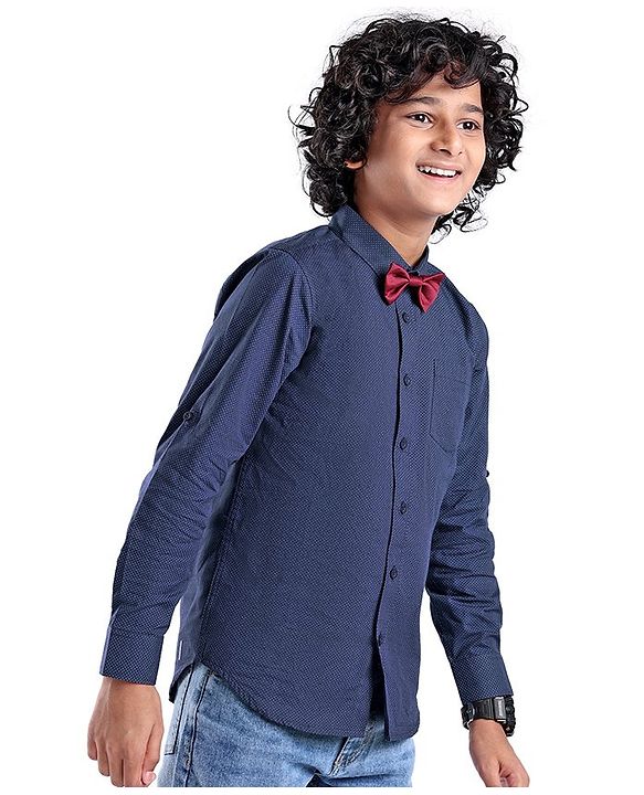 Pine Kids Cotton Woven Full Sleeves Polka Dots Printed Party Shirt with Bow Tie - Blue