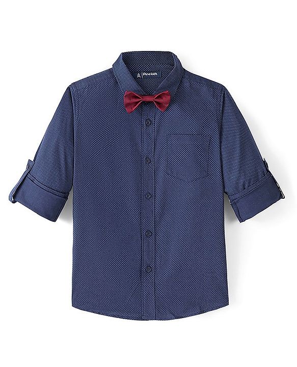 Pine Kids Cotton Woven Full Sleeves Polka Dots Printed Party Shirt with Bow Tie - Blue
