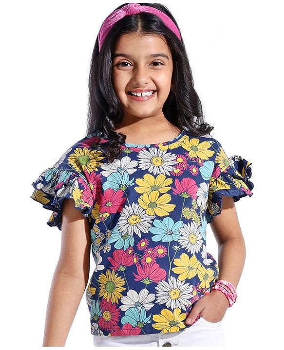 Pine Kids 100% Cotton Ruffle Sleeves Top All Over Printed Floral - Navy Peony