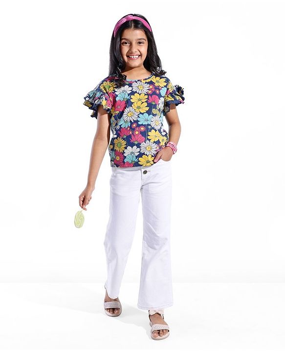 Pine Kids 100% Cotton Ruffle Sleeves Top All Over Printed Floral - Navy Peony