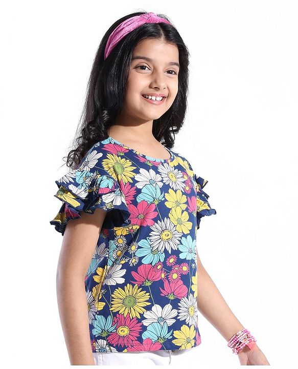 Pine Kids 100% Cotton Ruffle Sleeves Top All Over Printed Floral - Navy Peony