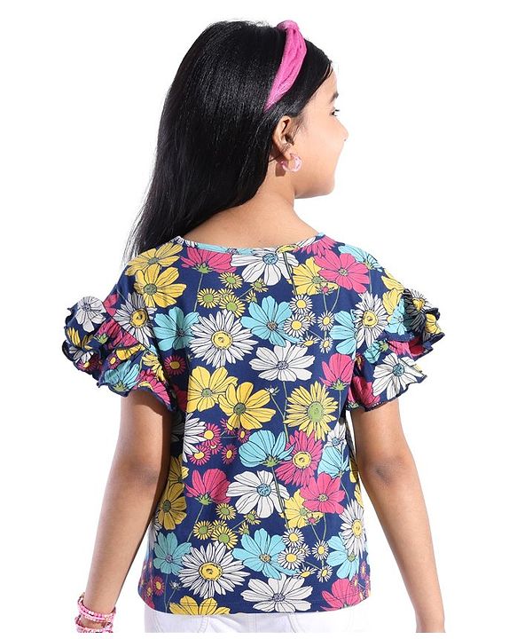 Pine Kids 100% Cotton Ruffle Sleeves Top All Over Printed Floral - Navy Peony