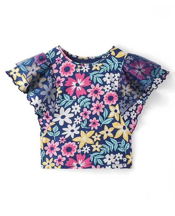 Pine Kids 100% Cotton Flared Sleeves Top All Over Printed Floral - Navy Peony