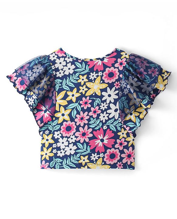 Pine Kids 100% Cotton Flared Sleeves Top All Over Printed Floral - Navy Peony