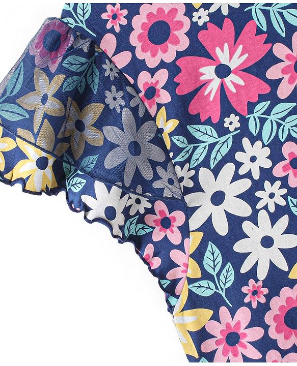 Pine Kids 100% Cotton Flared Sleeves Top All Over Printed Floral - Navy Peony