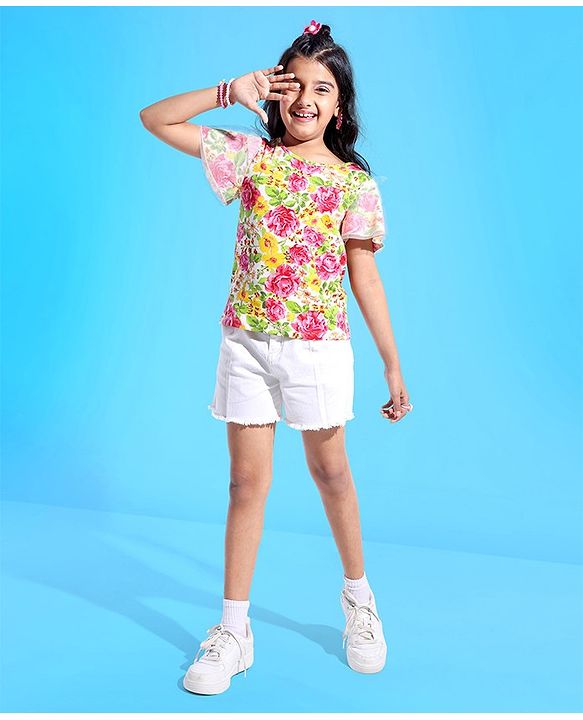 Pine Kids 100% Cotton Flared Sleeves Top All Over Floral Printed - Pink
