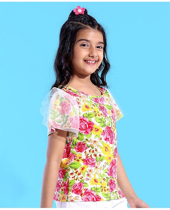 Pine Kids 100% Cotton Flared Sleeves Top All Over Floral Printed - Pink