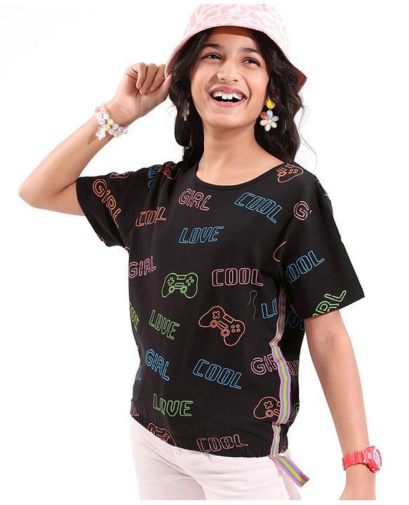 Pine Kids 100% Cotton Half Sleeves Top All Over Text Printed - Jet Black