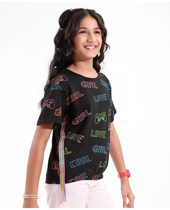 Pine Kids 100% Cotton Half Sleeves Top All Over Text Printed - Jet Black