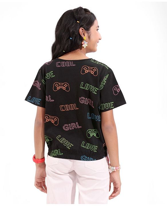 Pine Kids 100% Cotton Half Sleeves Top All Over Text Printed - Jet Black