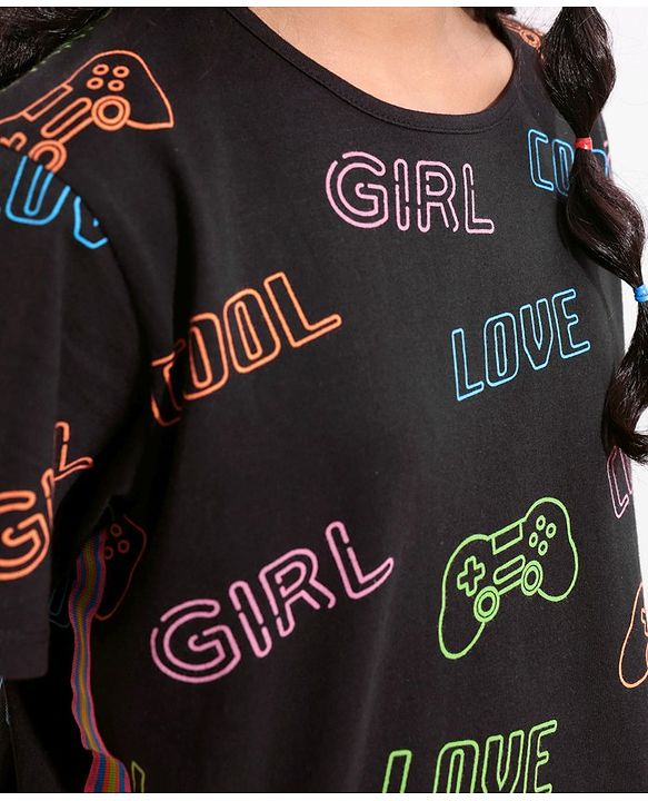 Pine Kids 100% Cotton Half Sleeves Top All Over Text Printed - Jet Black