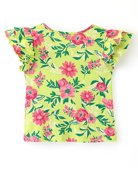 Pine Kids 100% Cotton Single Jersey Knit Ruffle Sleeves Top Floral Print - Green