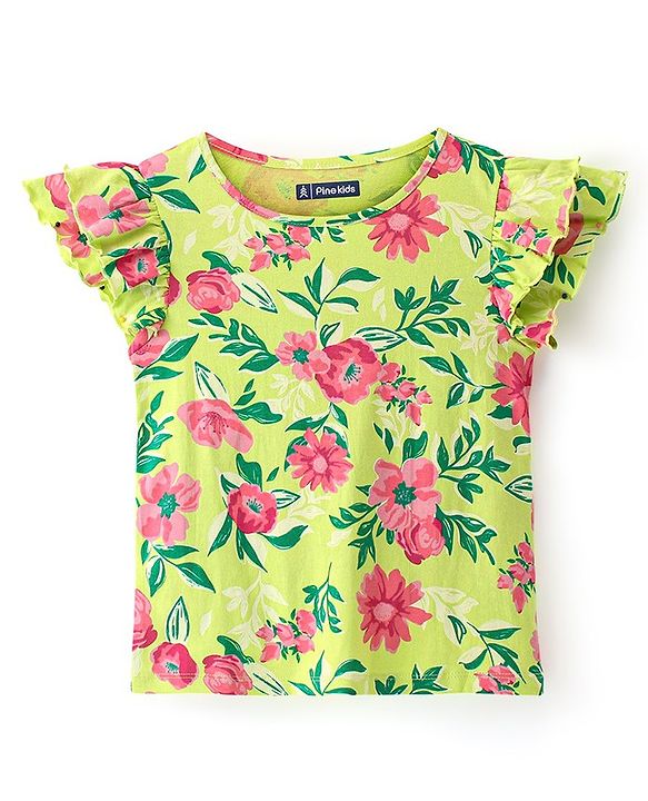 Pine Kids 100% Cotton Single Jersey Knit Ruffle Sleeves Top Floral Print - Green