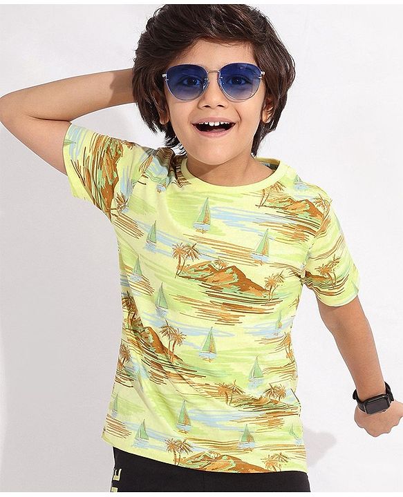Pine Kids Cotton Knit Half Sleeves Scenery Printed T-Shirt - Tender Yellow