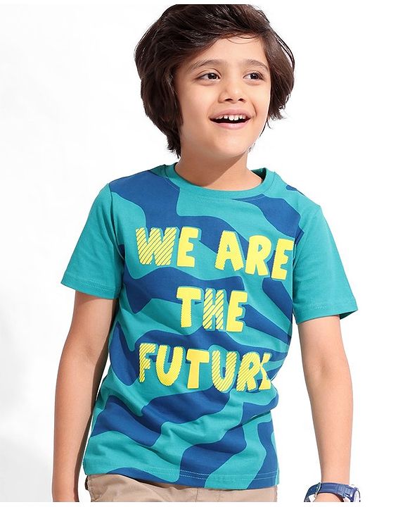 Pine Kids 100% Cotton Knit Half Sleeves T-Shirts Text Print- Blue