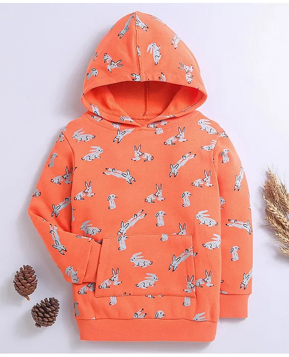 Nino Bambino 100 Cotton Full Sleeves Rabbit Printed Hoodie Orange