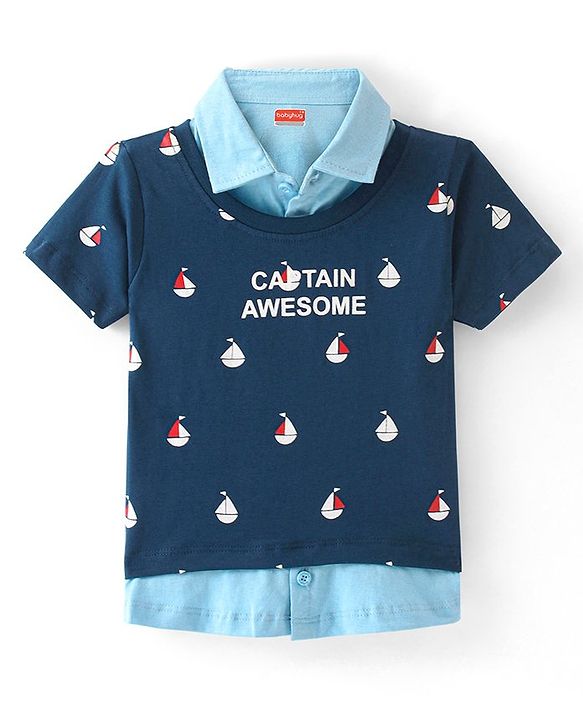 Babyhug 100% Cotton Knit Half Sleeves Overlap T-Shirt with Boat Graphics - Blue