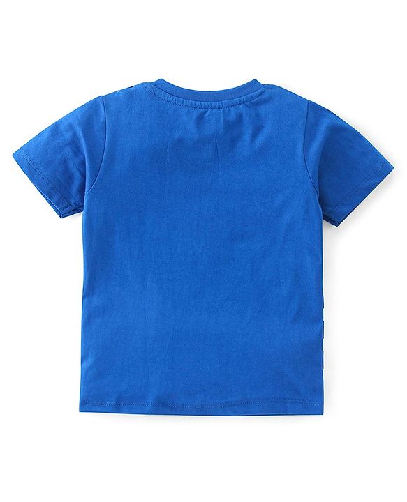 Babyhug Cotton Knit Half Sleeves Striped T-Shirt with Giraffe Print - Blue