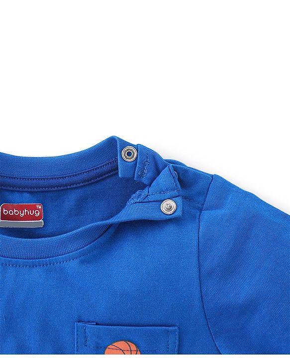 Babyhug Cotton Knit Half Sleeves Striped T-Shirt with Giraffe Print - Blue