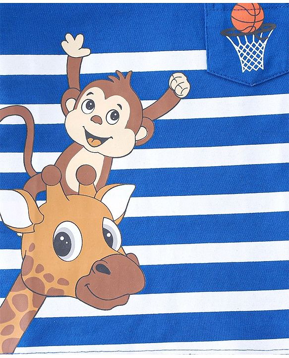 Babyhug Cotton Knit Half Sleeves Striped T-Shirt with Giraffe Print - Blue