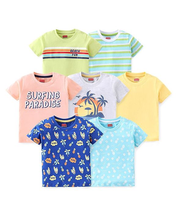 Babyhug 100% Cotton Knit Half Sleeves T-Shirt Stripes & Surf Board Graphics Print Pack Of 7 - Multicolor