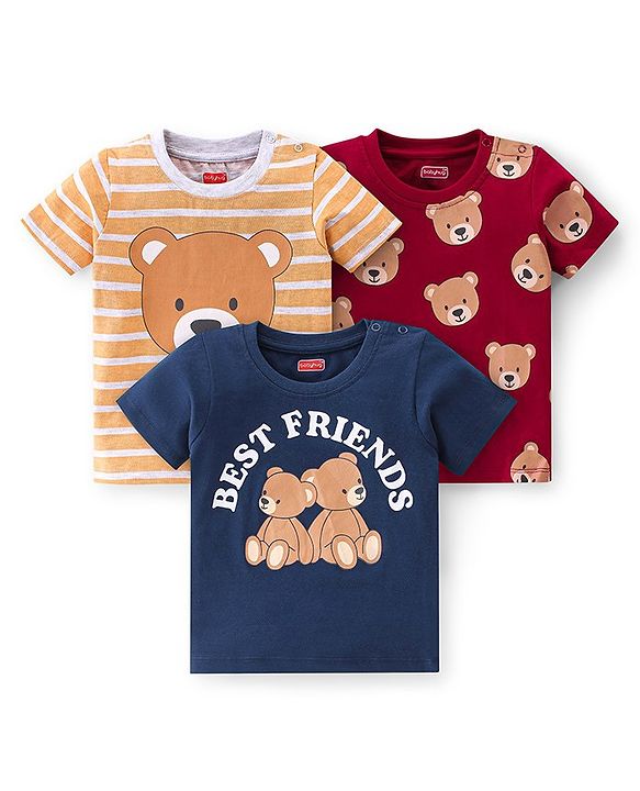 Babyhug 100% Cotton Knit Half Sleeves T-Shirt With Bear Graphics Pack Of 3 - Multicolour